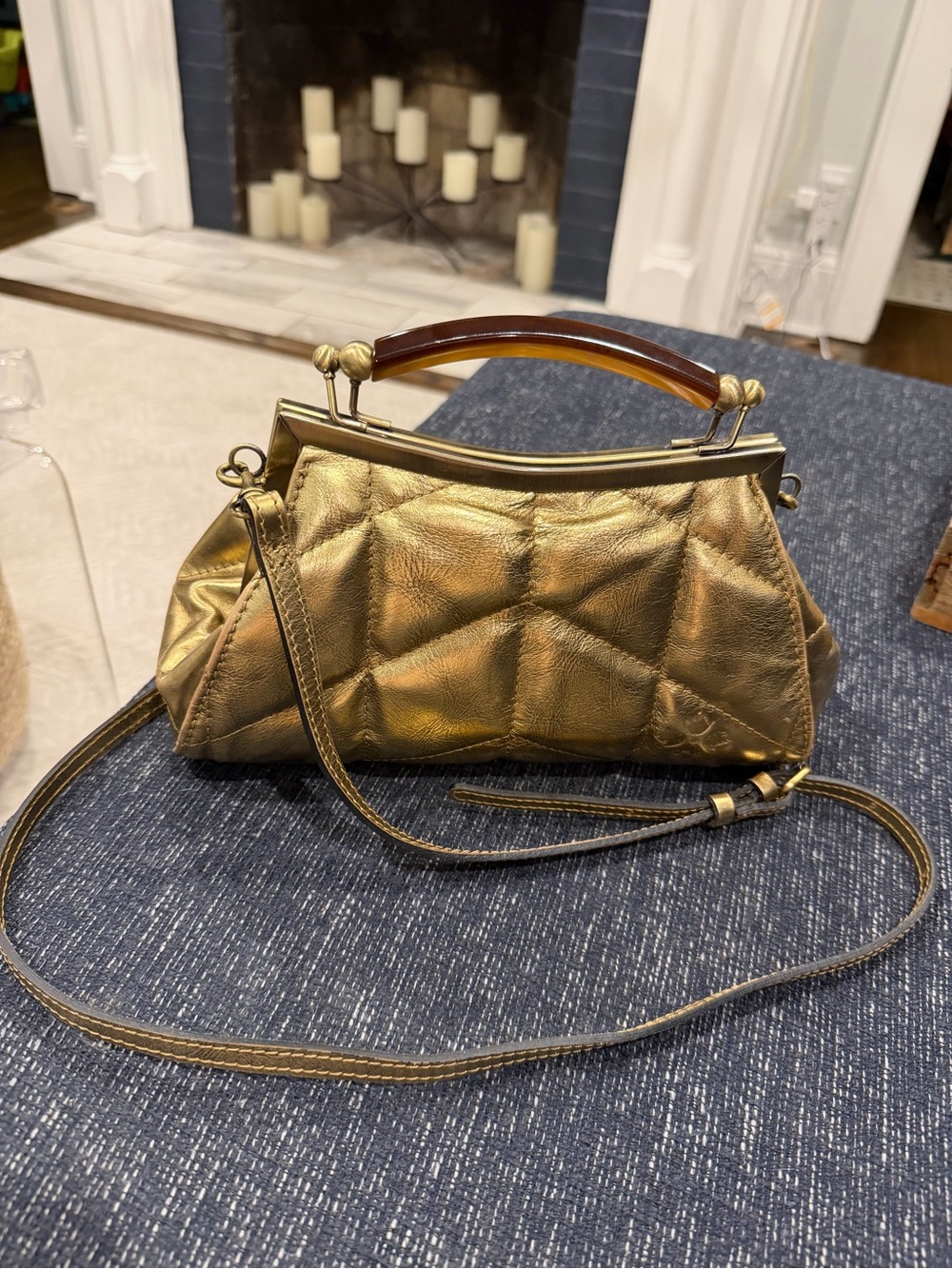 Patricia Nash Gold Quilted Frame Clutch with Top Handle